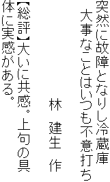 突然に故障となりし冷蔵庫
　大事なことはいつも不意打ち

　　　　　　　　　　　林　建生　作

【総評】大いに共感。上句の具
体に実感がある。