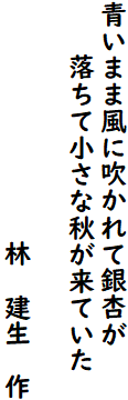 青いまま風に吹かれて銀杏が
　　落ちて小さな秋が来ていた

　　　　　　　　　林　建生　作