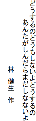 どうするのどうもしないよどうするの
　　　　あんたがしんだらまだしなないよ
　　　　　　　　　　　　　　
　　　　　　　　　　　　　　林　健生　作
